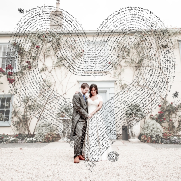 Canvas print of couple in front of wedding venue overlaid with guest book messages