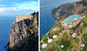 A former monastery suspended over a cliff edge on Italy's iconic Amalfi Coast