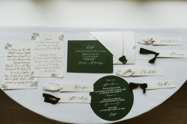 emerald green wedding stationery using modern calligraphy