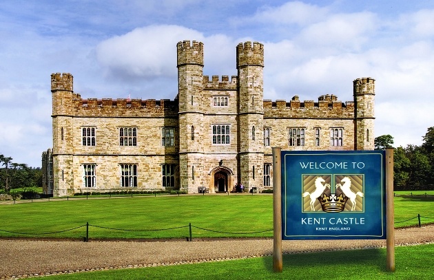 Leeds Castle with the hoax Kent Castle sign outside
