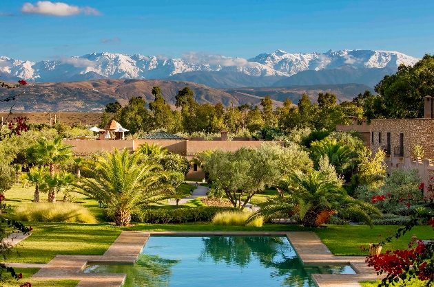 pool at resort with palm trees and mountain views on a sunny day 