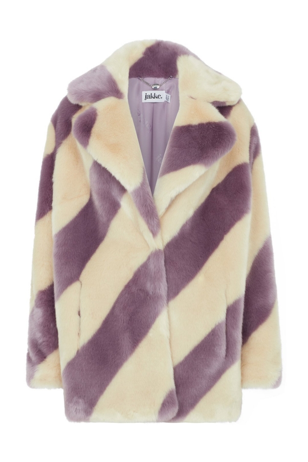 cream and purple stripe fur coat wrapped around a model