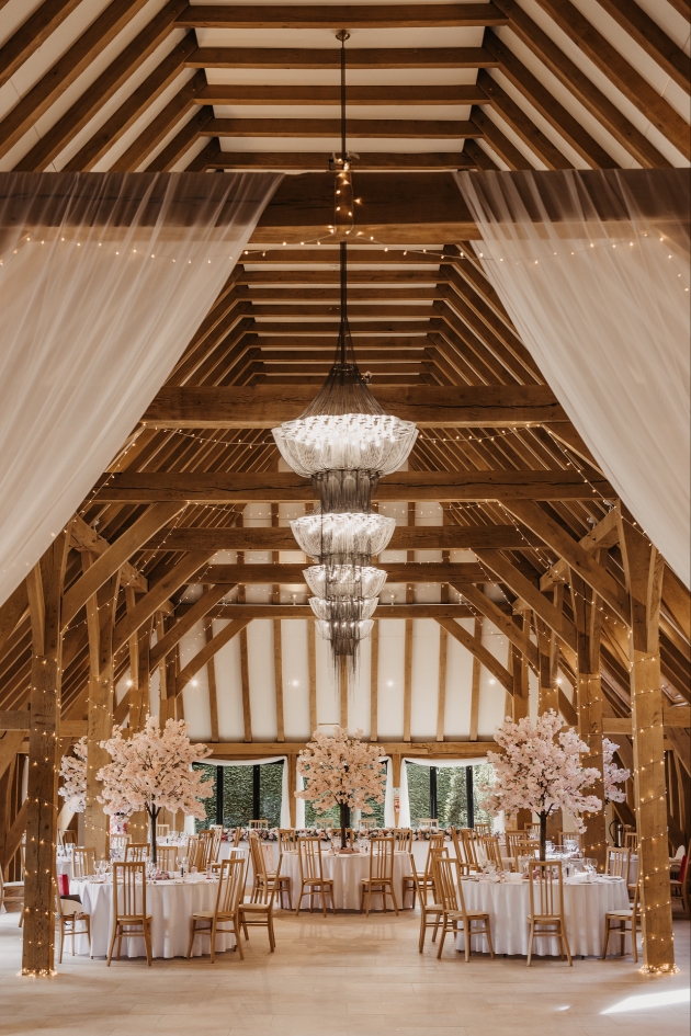 The Old Kent Barn decorated for a wedding 