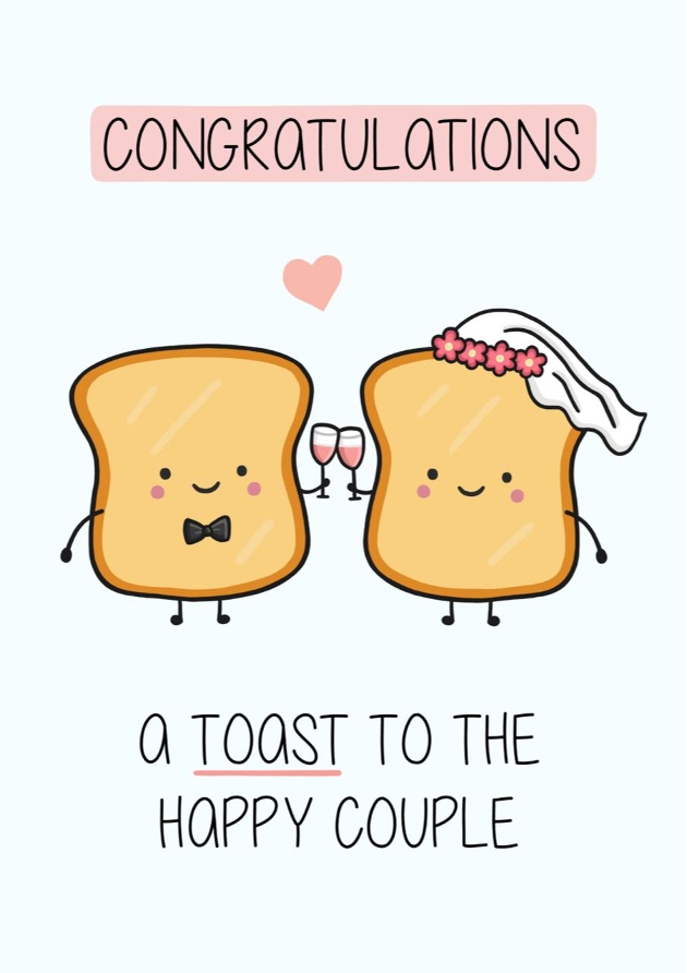 two bits of toast dressed as bride and groom - toast the happy couple