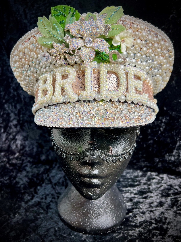 jewelled hat with the word bride on it