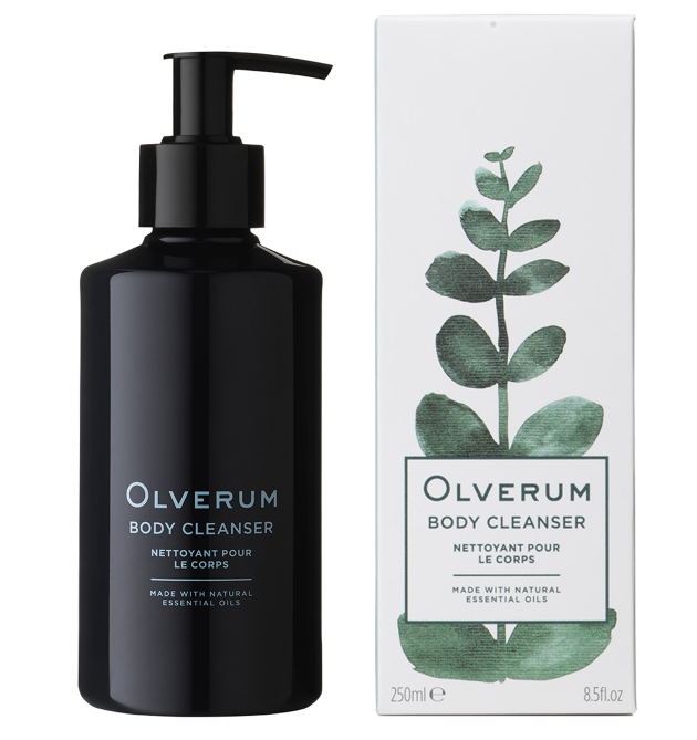 Olverum’s product in chic black bottle with box white with green plant on it 