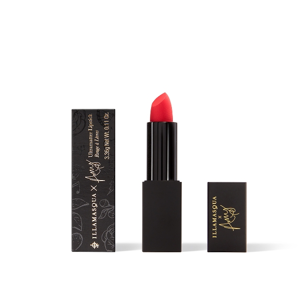 black packaging with gold writing, red lipstick