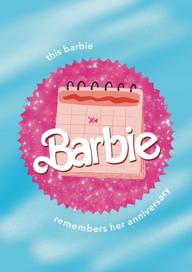 blue and pink card with calendar on it with the word barbie 
