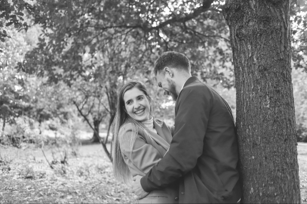Black and white image of couple engagement shoot