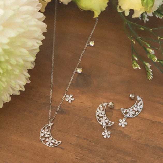 jewellery celestial sliver moon with flowers neclace and earrings 