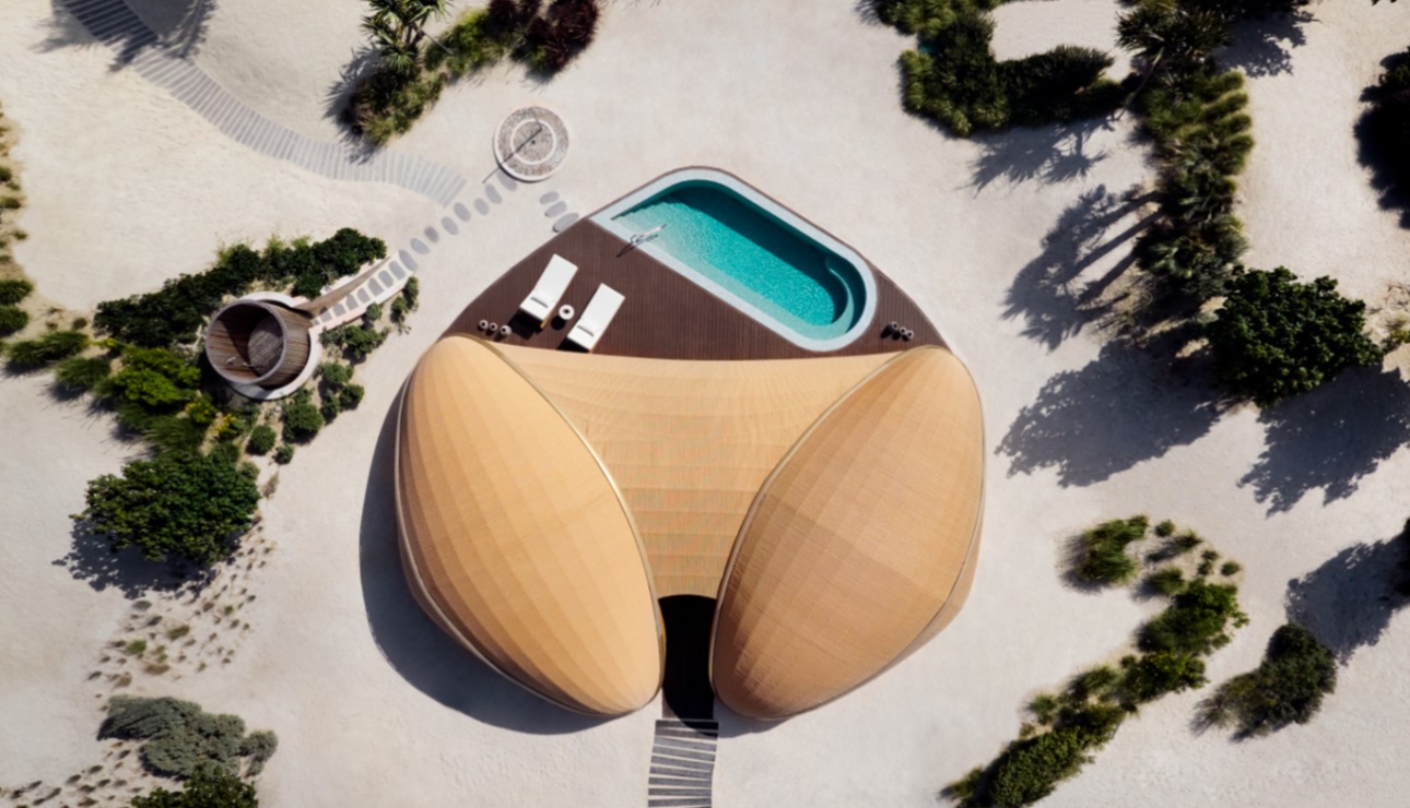 large building in remote area with pool and outdoor shower