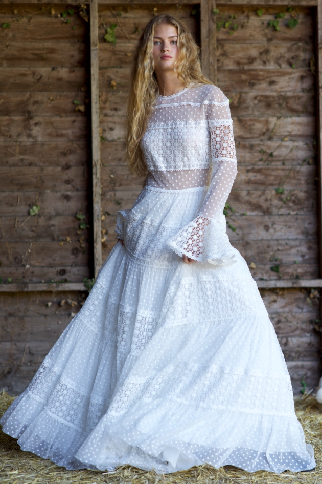 boho wedding dress with lace and crochet panelled tiers and layers