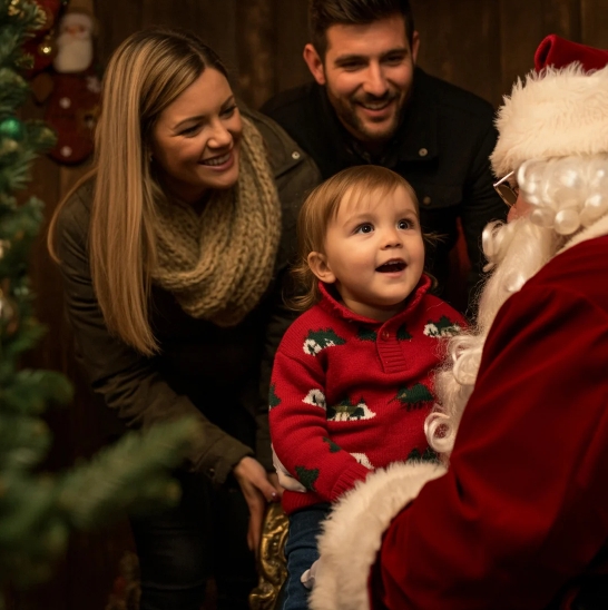 A mum, dad and child meeting Santa