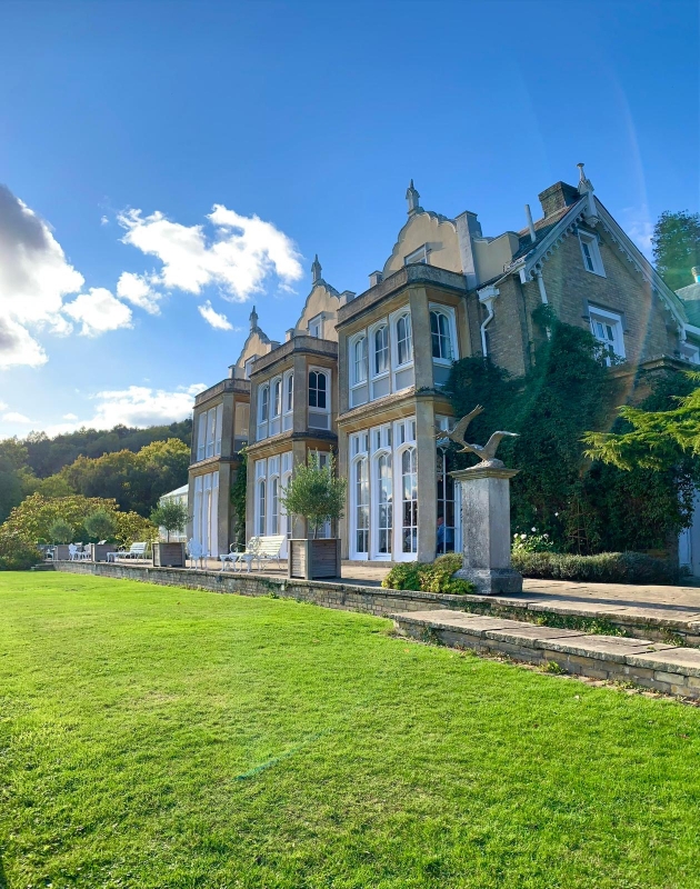 The exterior of a grand house